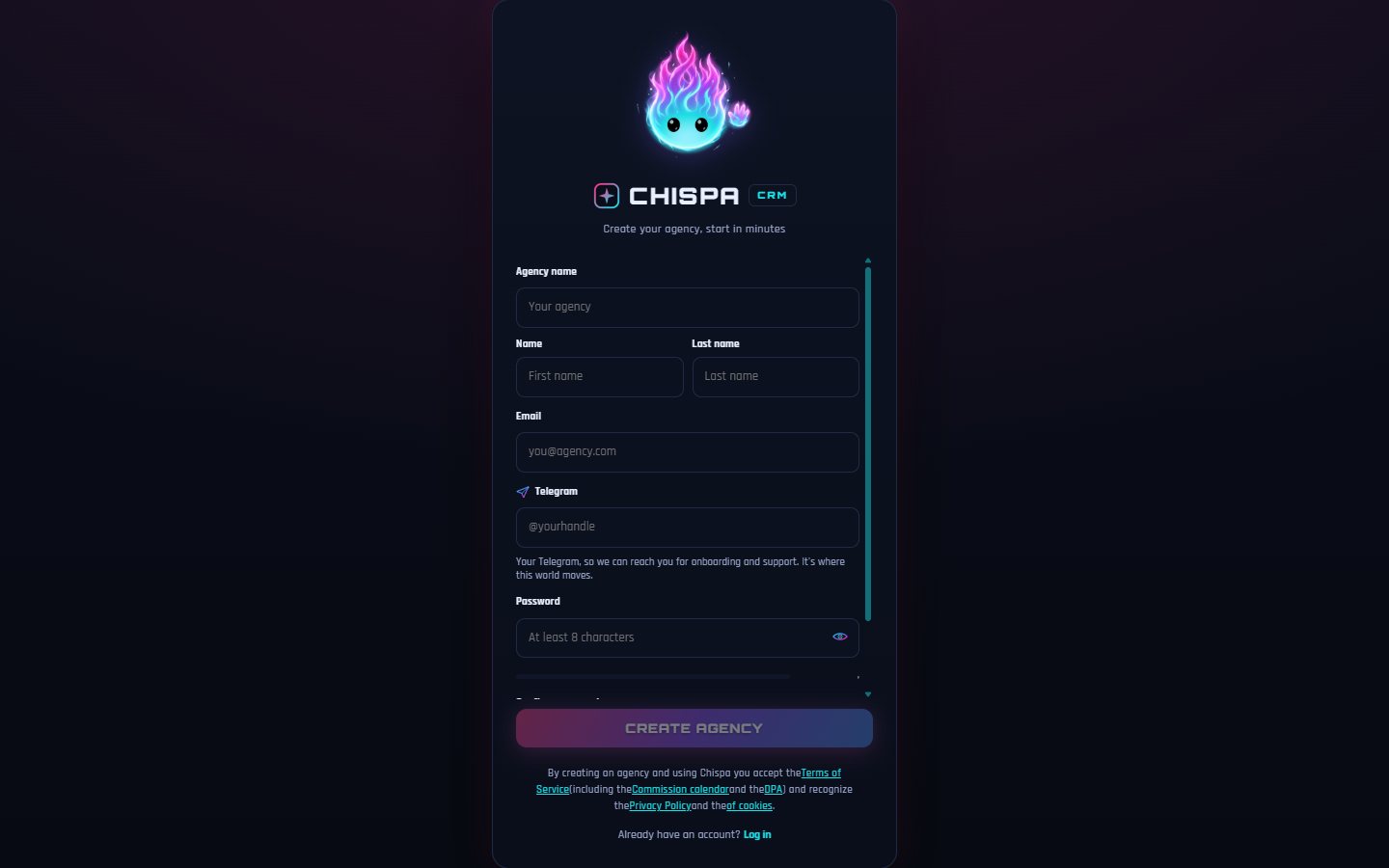 Crear tu agencia: alta self-service en minutos — nombre de la agencia, tu contacto de Telegram y una contraseña. Aceptas los términos y entras directo al asistente de primeros pasos.