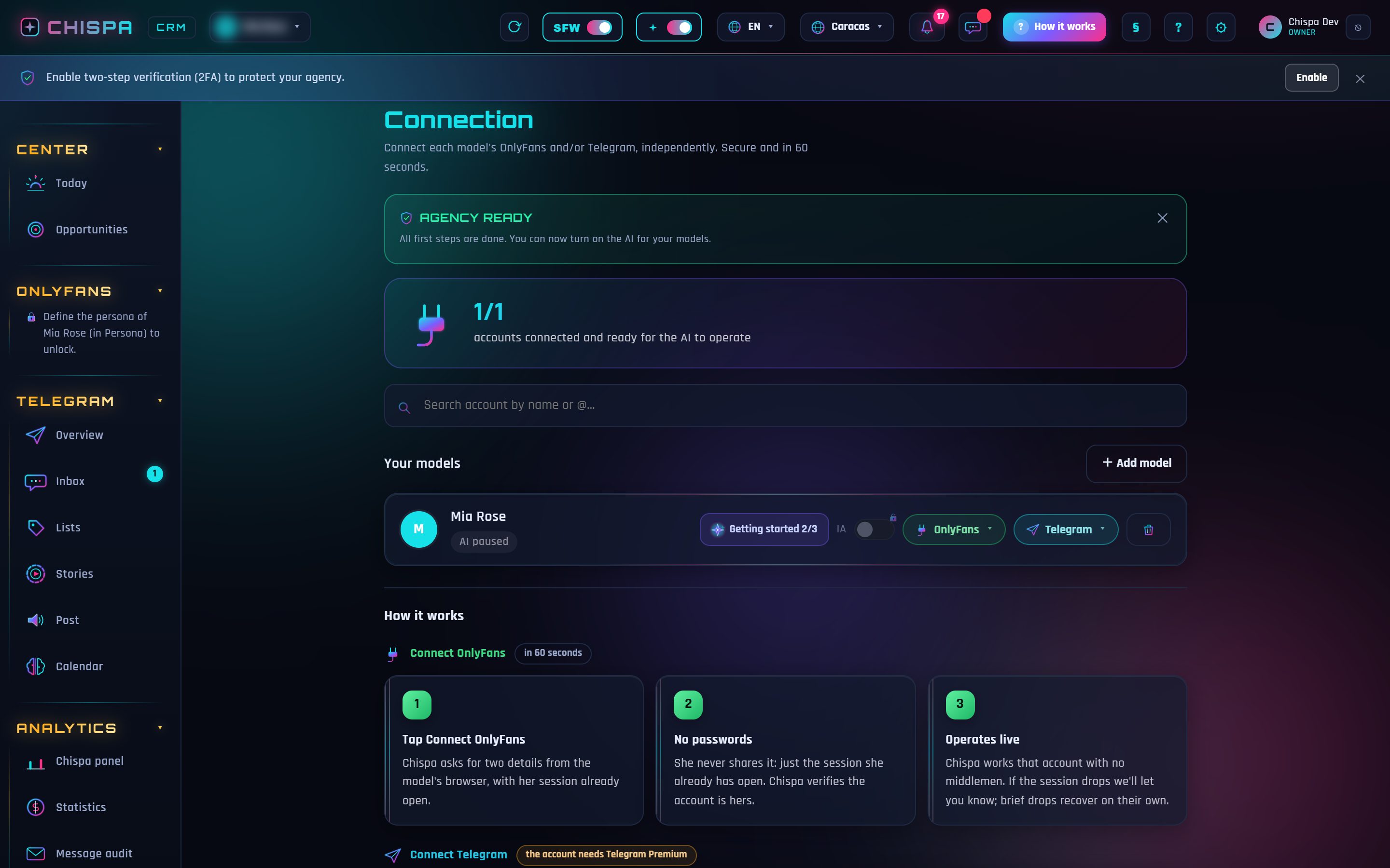 Conexión: cada modelo con su estado — conectada, en pausa o a reconectar. Reconectar es un clic; Chispa mantiene viva la sesión por ti.