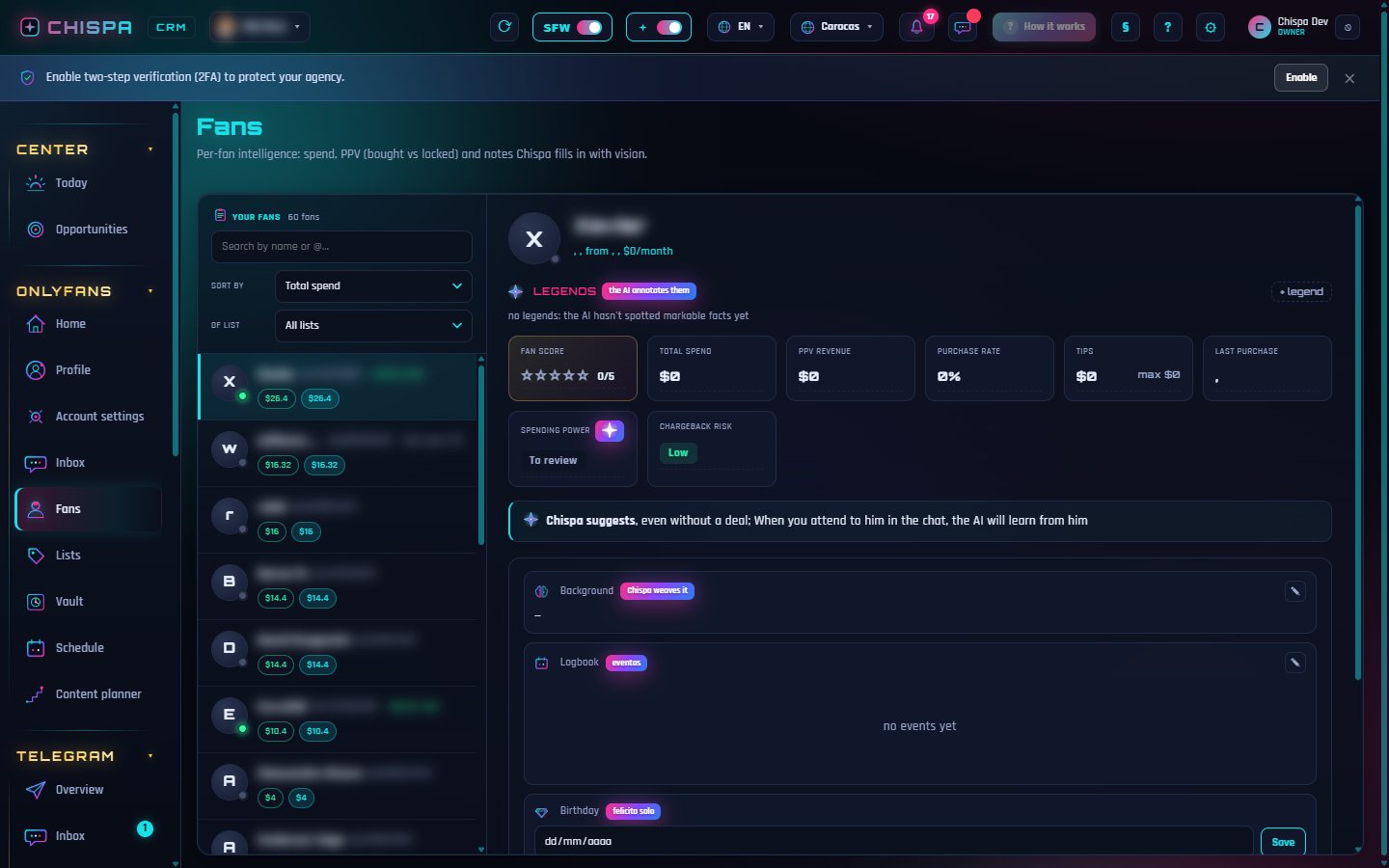 La ficha del fan (Fan 360): gasto, PPV comprados vs bloqueados, poder de compra y riesgo — y las notas que la IA entiende sola. (Datos del fan difuminados por privacidad.)