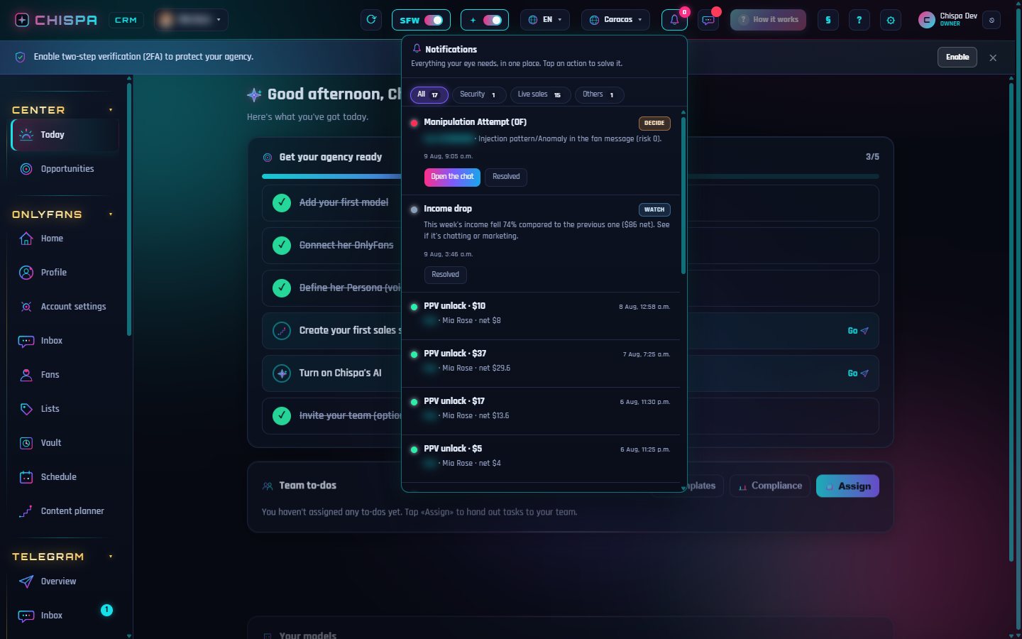 El centro de notificaciones: seguridad, preguntas de la IA, ventas en vivo y conexión — todo en un sitio, con un botón para resolver cada aviso. (Datos del fan difuminados.)