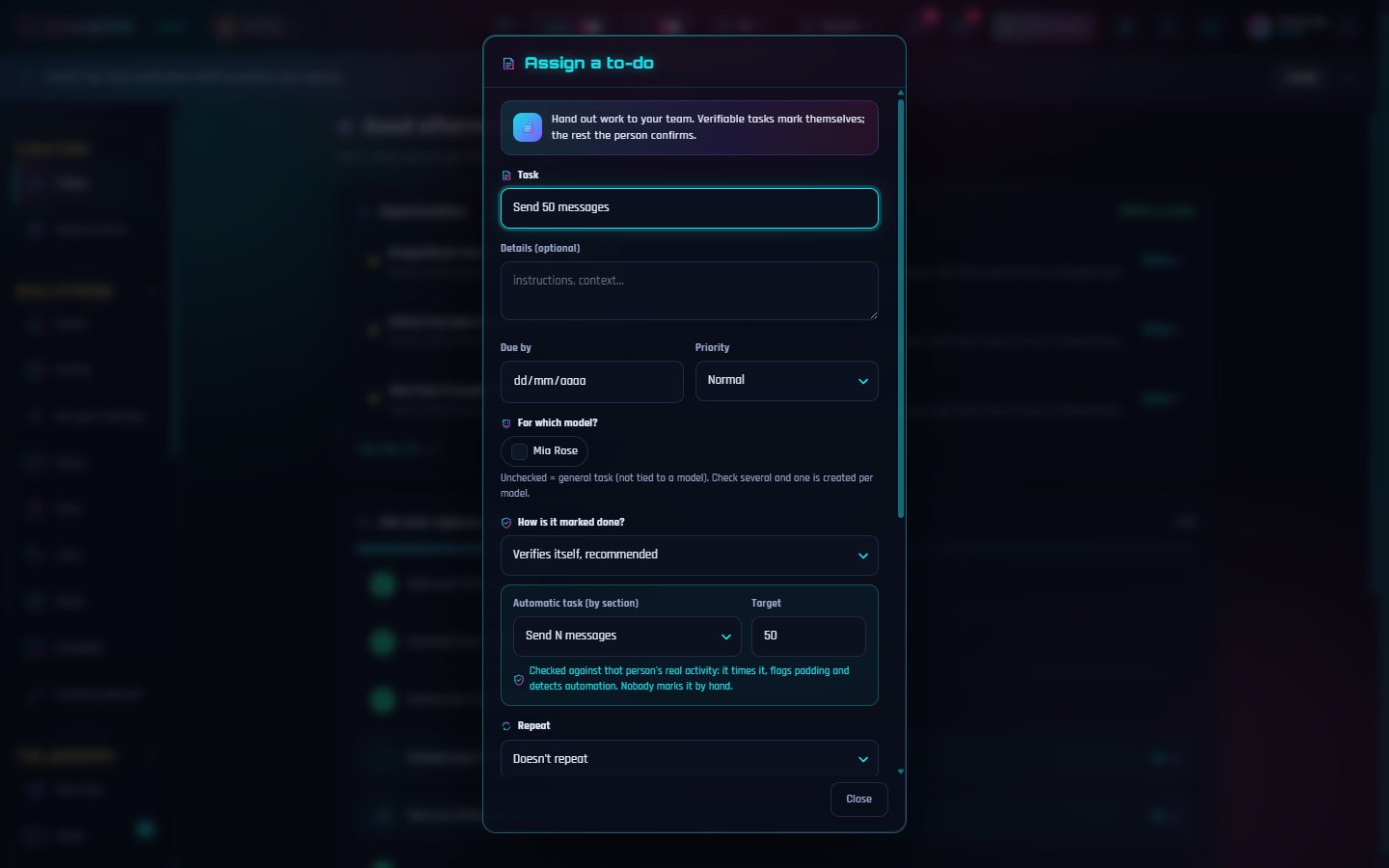 Pendientes que se verifican solos: asignas una tarea y, si es «se verifica sola», Chispa la comprueba contra la actividad real de esa persona — cronometra, detecta relleno y automatización. Nadie la marca a mano.