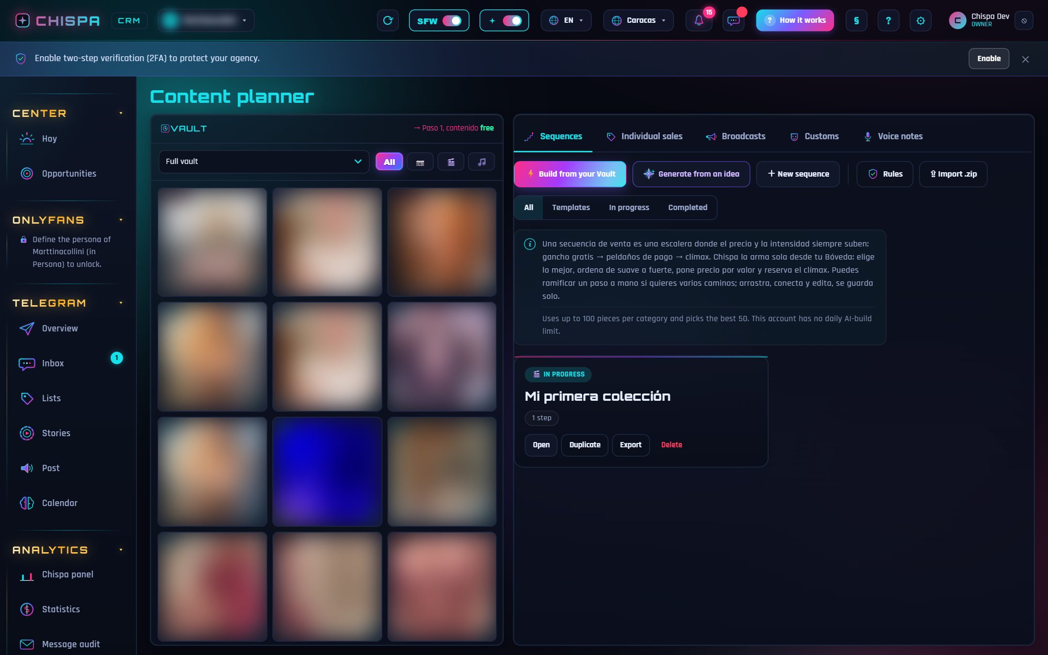 El Planificador: Chispa arma una secuencia de venta directamente desde tu Bóveda, de suave a fuerte.